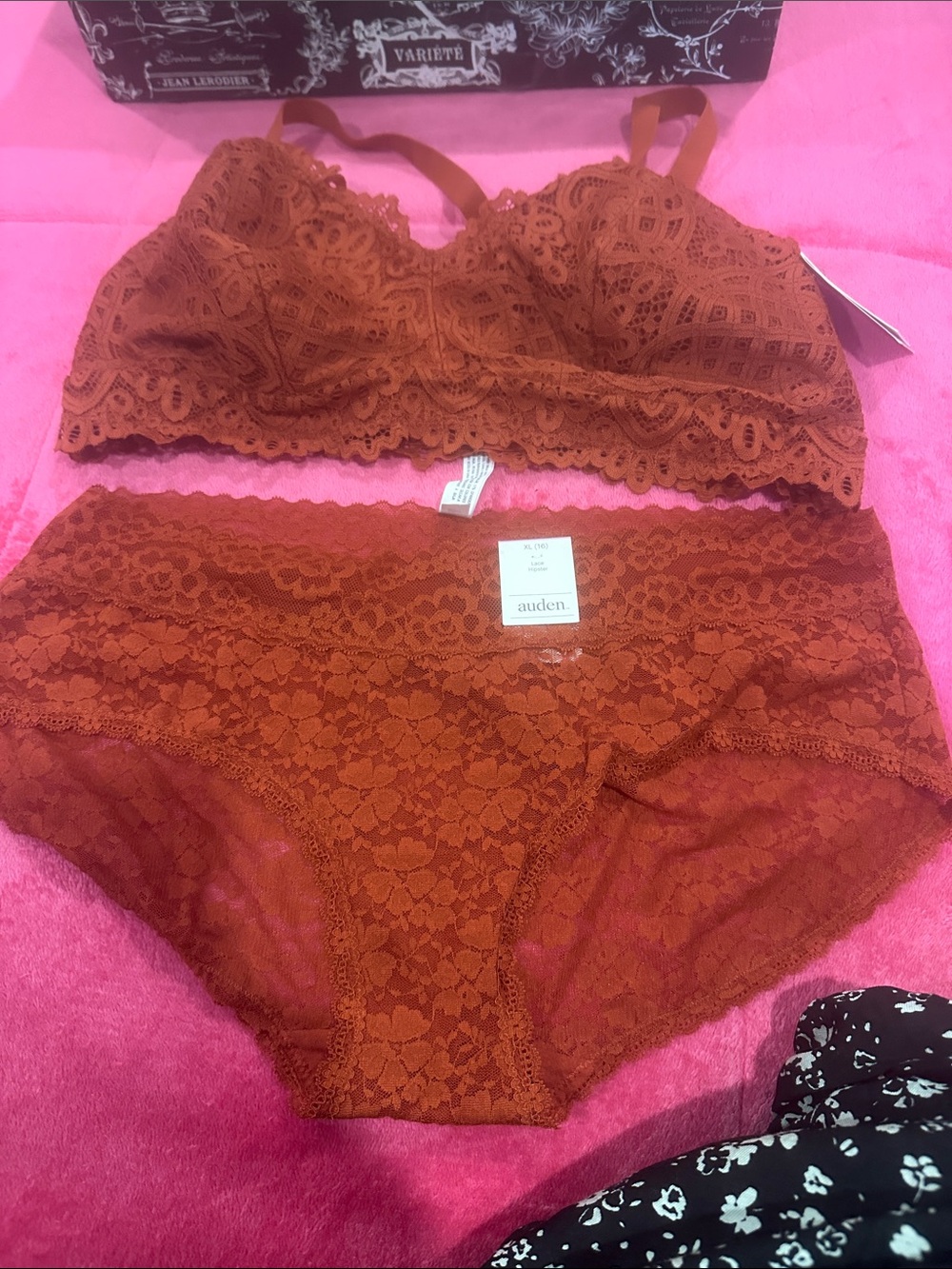 Auden from Target orange berry lace bra(2X) and hip hugger panty(XL)